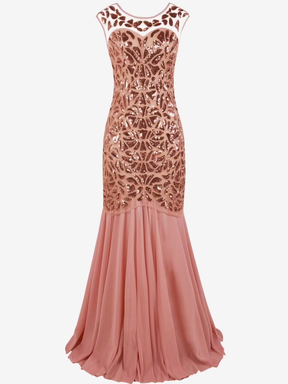 Elegant Rose Gold Sequin & Chiffon Evening Gown